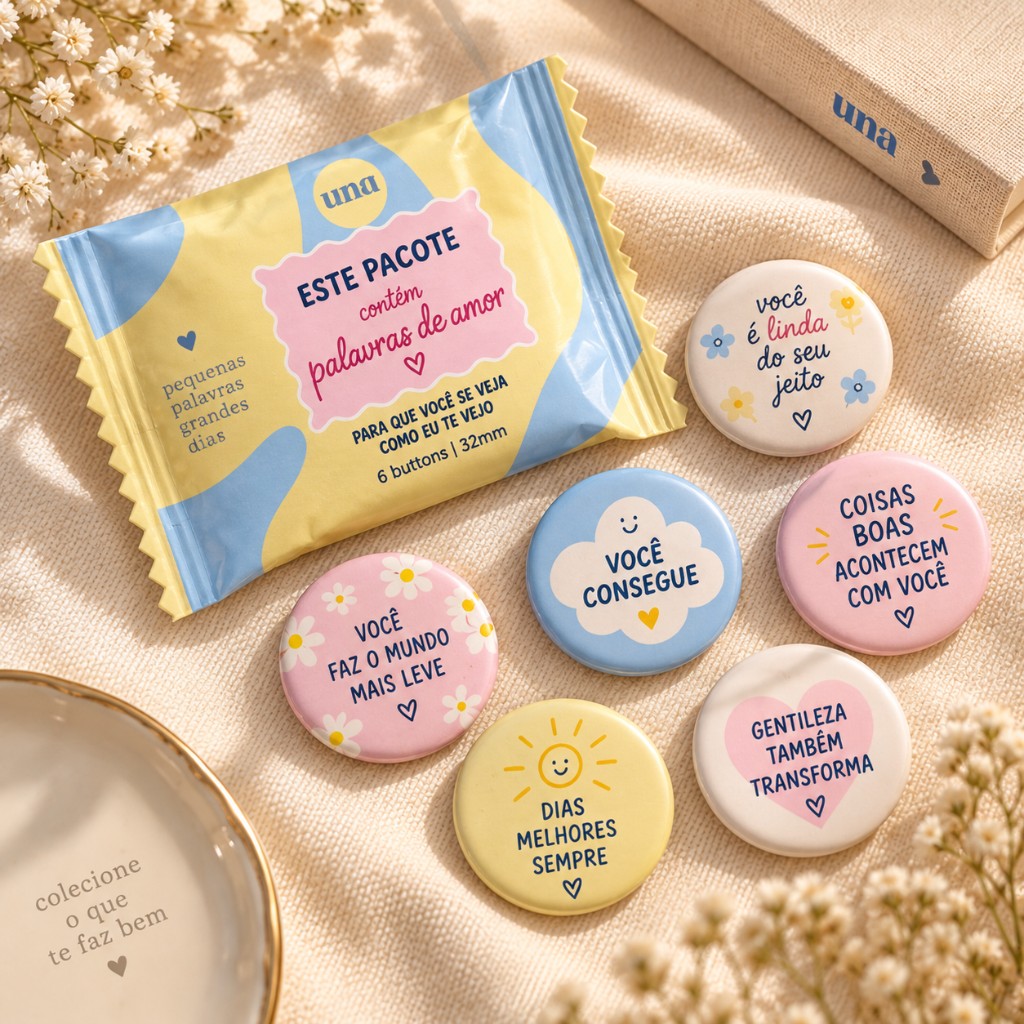 Kit palavras de amor com seis bottons coloridos