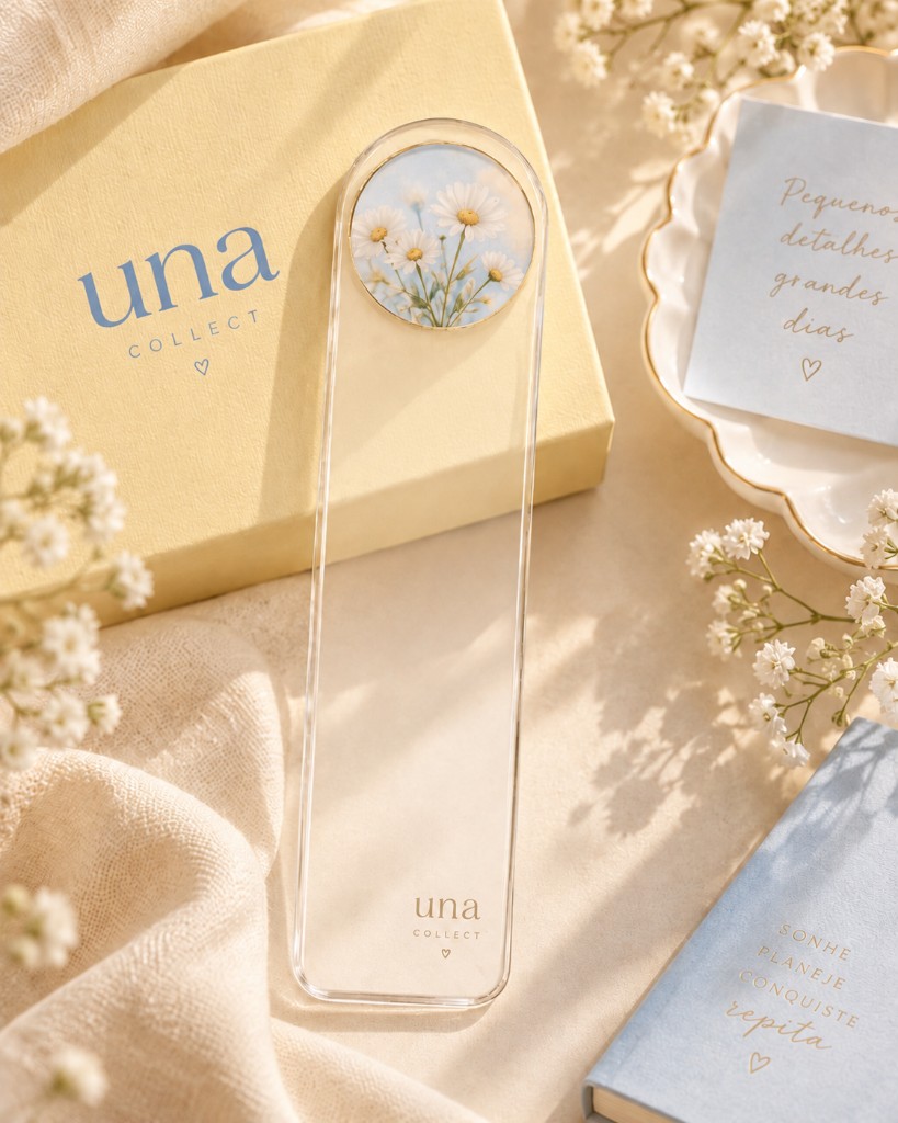 Marca-páginas acrílico Una com flores e caixa amarela
