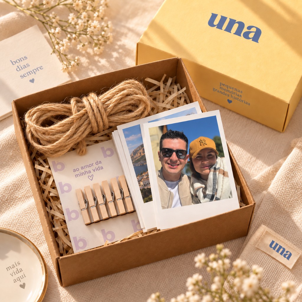 Caixa kraft com polaroids, cordão e mini pregadores