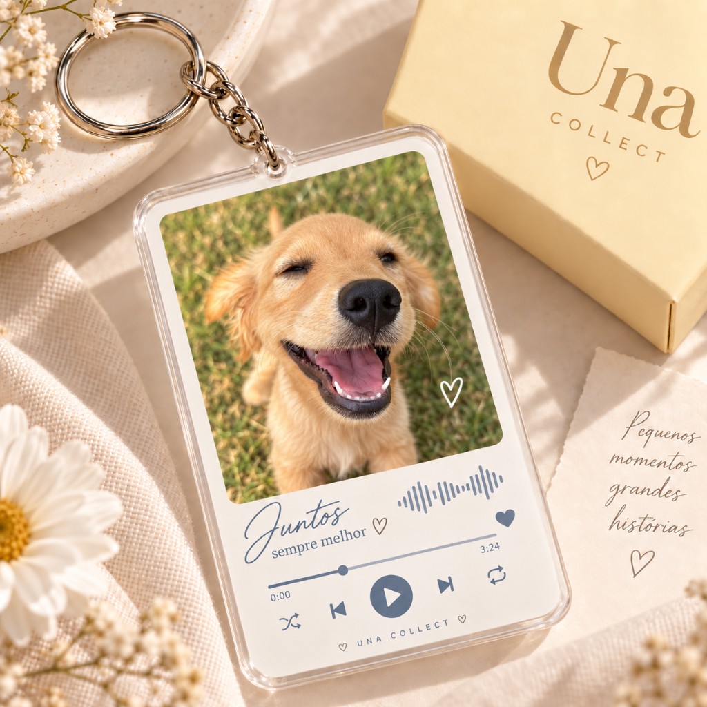 Photocard acrílico Una com foto de cachorro e player de música